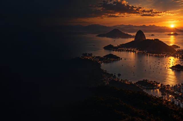 Montanhas e baía ao entardecer